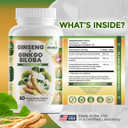 Ginko Biloba & Panax Ginseng Supplement - Red Ginseng Brain Supplement For Memory And Focus - Ginkgo Biloba Supplements For Good Vision, Immune System And Improved Blood Flow - 3 Bottles