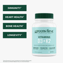 Greens First Vitamins D3+K2 - Support For Heart, Bone, Vascular And Immune Health - Made With Vitamin D3 & Vitamin K2-60 Vegetable Capsules