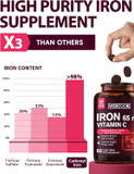 Iron Supplement For Women Men, High Potency Iron 65Mg With Vitamin C 250Mg, Stomach Friendly Iron Pills For Red Blood Cell & Immune Support, Non-Gmo & Gluten Free,120 Vegan Tablets