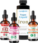 Liquidhealth Vegan Daily Essentials Vitamin Starter Kit With Organic Methyl B12 Drops, Vegan Liquid Collagen + Biotin, Vegan Liquid Iron, Vegan Vitamin D3 Drops - 100% Plant-Based Vitamins Made In Usa