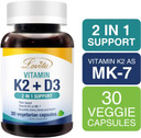 Lovita Vitamin K2 + D3, 400 Iu Vegan Vitamin D3 & 120 Mcg Vitamin K2 (Mk-7), 2 In 1 Formula, Immune Vitamin Complex, 30 Vegetarian Capsules