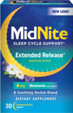 Midnite Extended Release Medium Dose, 6 Mg Melatonin Sleep Aid, Non-Habit Forming, Herbal Dietary Supplement For Adults, Drug-Free, Gluten-Free, Lactose-Free, Vegetarian, Vegan, 30 Tablets