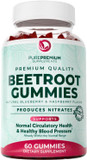 Purepremium Beet Root Gummies - 60 Sugar Free Chews (50:1 Equivalent 1500 Mg) - Super Nitric Oxide Beetroot Gummies With Natural Blueberry Flavor - Supplements For Normal Blood Pressure