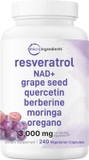 Resveratrol Nad Supplements For Women & Men 3,000Mg, 240 Veggie Capsules | Nmhn Supplement Alternative | 11-In-1 Antioxidant Blend Of Quercetin, Moringa, & More | Immune, Heart, & Brain Support