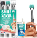 Smile Saver 360° Deep Clean 3-Sided Toothbrush 3Pk + Toothpaste Tablets + Flavor Infused Toothpicks | Deep Cleaning + Gum Massage + Tongue Scraper (Black, Teal & White - Teal - Cinnamon)