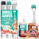 Smile Saver 360° Deep Clean 3-Sided Toothbrush 3Pk + Toothpaste Tablets + Flavor Infused Toothpicks | Deep Cleaning + Gum Massage + Tongue Scraper (Black, Teal & White - Teal - Peppermint)