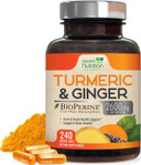 Turmeric Supplement Curcumin 2600Mg - With Organic Ginger & Turmeric, Bioperine Black Pepper Extract 95% Curcuminoids - Advanced Absorption Antioxidant & Joint Support - Vegan - 240 Capsules