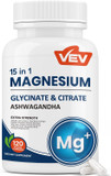 Vev 15 In 1 Magnesium Glycinate & Citrate Complex Capsules, Cortisol Supplements For Women, Easy To Take Formula With Ashwagandha & L-Theanine, 120 Vegan Capsules