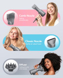 Wavytalk Ionic Hair Blow Dryer With Diffuser For Curly Hair Professional Salon Attachment Diffuser And Concentrator Nozzle For Women Styling Naturalelegant Metallic Grey (Comb+Diffuser+Nozzle)