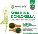 Allied Life Spirulina And Chlorella | Organic Chlorophyll Vegan Protein Powder Green Superfood | 120 Capsules