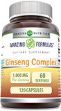 Amazing Formulas Ginseng Complex 1000mg of 4:1 Korean Ginseng Extract, 120 Capsules Supplement | Non-GMO | Gluten Free | Made in USA