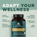 Organic Lion'S Mane Mushroom Supplement With Ashwagandha By Ancient Nutrition, Organic Lion'S Mane Supports Healthy Energy And Concentration, Reduces Fatigue, Gluten Free And Keto Friendly, 30 Tablets