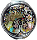 Antique Alive Mother Of Pearl Peacock Pair And Flower Design Double Compact Magnifying Purse Mirrormulti-Color