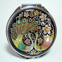 Antique Alive Mother Of Pearl Peacock Pair And Flower Design Double Compact Magnifying Purse Mirrormulti-Color
