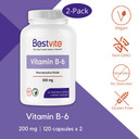 Bestvite Vitamin B-6 200Mg (240 Vegetarian Capsules) (2-Pack) - No Stearates - No Flow Agents240 Count (Pack Of 2)