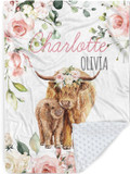 Personalized Baby Blanket For Girls, Custom Baby Blanket With Name, Soft Flannel With Double Layer Dotted Backing, Receiving Swaddle Blanket Suitable For Toddler, Natural Floral Highland Cow(47X60)Highland Cow347X60"