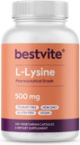 Bestvite L-Lysine 500Mg Per Capsule (240 Vegetarian Capsules) - No Stearates - No Fillers - No Flow Agents - Vegan - Non Gmo - Gluten Free - No Stearic Acid - No Dicalcium Phosphate