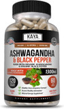 Kaya Naturals Organic Ashwagandha 1300Mg, 120 Count Capsules For Stress Relief, Adrenal, Mood & Thyroid Support, Black Pepper And 100% Pure Ashwagandha -120 Capsules120 Count (Pack Of 1)