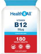Vitamin B12 Cyanocobalamin 50mcg 180 Tablets (V) Tablets (not Capsules) Vegan. Made in The UK by Health4All