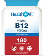 Vitamin B12 Cyanocobalamin High Strength 1000mcg 180 Tablets (V) Tiredness and Fatigue. Vegan. Made in The UK by Health4All Vitamin B12 Cyanocobalamin High Strength 1000mcg 180 Tablets (V) Tiredness and Fatigue. Vegan. Made in The UK by Health4All