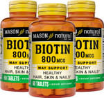 Mason Natural 800 Mcg Tablets, Dietary Supplement, Support And Strengthens Healthy Hair And Nails Biotin, 60 Count, Pack Of 3