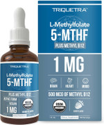 Organic Methyl Folate 1000 mcg + Methyl B12 Cofactor (300 Servings)  Metabolically Active 5-MTHF Form, Organic Berry Flavor, Liquid Sublingual Form  Mood, Cognition, Methylation, Pregnancy (1oz)