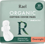 Rael Pads for Women, Organic Cotton Cover - Period Pads with Wings, Feminine Care, Sanitary Napkins, Heavy Absorbency, Unscented, Ultra Thin (Overnight, 30 Count)