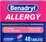 Benadryl Ultratabs Antihistamine Allergy Relief Medicine, 25 Mg Diphenhydramine Hcl Tablets For Relief Of Cold & Allergy Symptoms Such As Sneezing, Runny Nose, & Itchy Eyes & Throat, 48 Ct