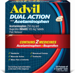 Advil Dual Action Coated Caplets With Acetaminophen, 250 Mg Ibuprofen And 500 Mg Acetaminophen Per Dose (2 Dose Equivalent) For 8 Hour Pain Relief - 2 Count X 50 Advil Dual Action Coated Caplets With Acetaminophen, 250 Mg Ibuprofen And 500 Mg Acetaminophen Per Dose (2 Dose Equivalent) For 8 Hour Pain Relief - 2 Count X 50
