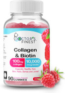 Collagen And Biotin 10000Mcg Gummies, Vegan, Gmo-Free, Gluten Free, Natural Raspberry Flavor Gummy Vitamins, For Hair Growth, Hair Skin And Nails Dietary Supplement, 90 Gummies