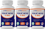 Vitamatic 3 Pack Folic Acid 5Mg (5000 Mcg) - 120 Vegetarian Tablets - (Vitamin B9 Folate) (Total 360 Tablets) Vitamatic 3 Pack Folic Acid 5Mg (5000 Mcg) - 120 Vegetarian Tablets - (Vitamin B9 Folate) (Total 360 Tablets)