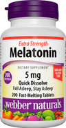 Webber Naturals Extra Strength Melatonin 5 Mg, Easy Dissolve, 200 Tablets, 100% Drug Free Sleep Aid For Adults, Gluten Free, Non-Gmo, Suitable For Vegetarians