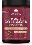 Ancient Nutrition Collagen Powder Protein, Multi Collagen Protein Beauty + Sleep With Vitamin C, Vanilla Chai, Hydrolyzed Collagen Peptides Supports Skin And Nails, Sleep, 16.1Oz
