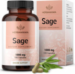 Herbamama Sage Capsules - 1000Mg, 100 Capsules - Organic Salvia Officinalis Supplement Promoting Brain Function, Immunity & Digestive Wellness - Vegan, Non-Gmo Sage Leaf Extract