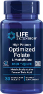 Life Extension High Potency Optimized Folate  L-Methylfolate  Folic Acid, 8500 Mcg Dfe  Heart & Brain Support, Healthy Homocysteine Levels  Gluten-Free, Non-Gmo, Vegetarian  30 Tablets