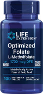 Life Extension Optimized Folate L-Methylfolate Heart & Brain Support, Healthy Homocysteine Levels Non-Gmo, Gluten-Free, Vegetarian 1700 Mcg Dfe, 100 Vegetarian Tablets Life Extension Optimized Folate L-Methylfolate Heart & Brain Support, Healthy Homocysteine Levels Non-Gmo, Gluten-Free, Vegetarian 1700 Mcg Dfe, 100 Vegetarian Tablets