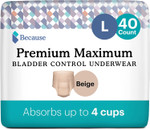 Because Premium Maximum Plus Adult Incontinence And Postpartum Bladder Leak Underwear For Women, Maximum Absorbency, Disposable, Beige, Large, 40 Count (2 Packs Of 20)