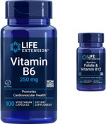 Life Extension Vitamin B6 250 Mg, 100 Vegetarian Capsules & Folate & Vitamin B12, Vegetarian Capsules, White, 90 Count