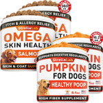 Omega 3 + Pumpkin Dogs Bundle - Allergy &Itch Relief Skin&Coat Supplement + Stool Consistency And Softener - Dry Itchy Skin, Hot Spots Treatment + Diarrhea,Constipation - 360 Ct + 16.2Oz - Made In Usa
