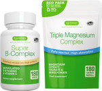 Super B-Complex 180 Tablets + Triple Magnesium Complex 180 Tablets Vegan Bundle, Methylated Sustained Release B Complex + High Absorption Chelated Magnesium Glycinate, Taurate & Citrate, By Igennus