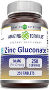 Amazing Formulas Zinc Gluconate 50Mg 250 Tablets Supplement | Non-Gmo | Gluten Free | Made In Usa Amazing Formulas Zinc Gluconate 50Mg 250 Tablets Supplement | Non-Gmo | Gluten Free | Made In Usa