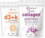 Micro Ingredients Vitamin D3 5,000Iu + K2 100Mcg Softgels & Multi Collagen Protein Powder Bundle 2 Pack | Essential Sunshine Vitamins | Grass-Fed Collagen Peptides