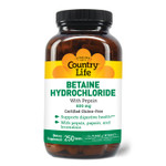 A 250-count bottle of Country Life Betaine Hydrochloride 600 mg with Pepsin, designed to support digestion and protein breakdown. Helps maintain healthy stomach acid levels for better nutrient absorption. Gluten-free, non-GMO, and vegan-certified. A 250-count bottle of Country Life Betaine Hydrochloride 600 mg with Pepsin, designed to support digestion and protein breakdown. Helps maintain healthy stomach acid levels for better nutrient absorption. Gluten-free, non-GMO, and vegan-certified.