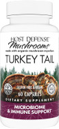 A bottle of Host Defense Turkey Tail Capsules, a mushroom supplement for digestive health, immune support, and gut microbiome balance, 60 capsules.