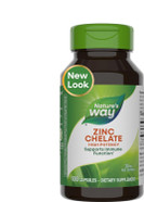 A bottle of Nature's Way Zinc Chelate, containing 100 capsules with 30 mg per serving. Designed to support immune function*, the packaging may vary. A bottle of Nature's Way Zinc Chelate, containing 100 capsules with 30 mg per serving. Designed to support immune function*, the packaging may vary.