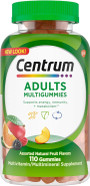 Centrum MultiGummies 110ct, delicious assorted fruit-flavored gummy multivitamin with vitamins D, B, and E for daily wellness.