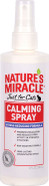An 8-ounce spray bottle of Nature's Miracle Just for Cats No Stress Calming Spray, featuring a white and purple label with images of a relaxed cat, highlighting its purpose to reduce feline anxiety. An 8-ounce spray bottle of Nature's Miracle Just for Cats No Stress Calming Spray, featuring a white and purple label with images of a relaxed cat, highlighting its purpose to reduce feline anxiety.