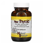 A bottle of Natural Sources Raw Thyroid containing 90 capsules, featuring a label that highlights its raw thyroid glandular concentrate and synergistic complex.