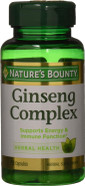 A bottle of Nature's Bounty Ginseng Complex Plus Royal Jelly containing 75 capsules, designed to support vitality and immune function.