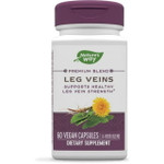 A bottle of Nature's Way Leg Veins Premium Blend, labeled to highlight its herbal formula with Horse Chestnut, Butcher's Broom, Cayenne Pepper, and Vitamin C for vein and circulation support — 60 vegan capsules.